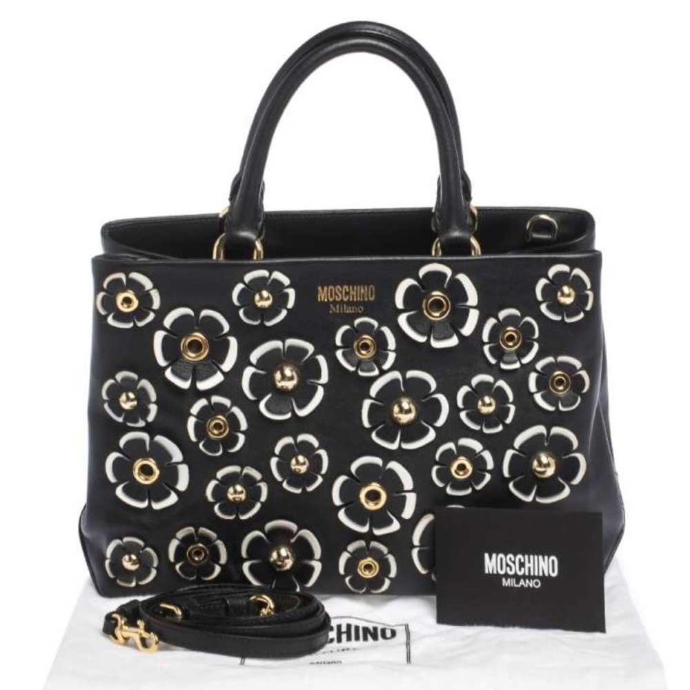 PreLoved Authentic Moschino Black Floral Applique Leather Tote